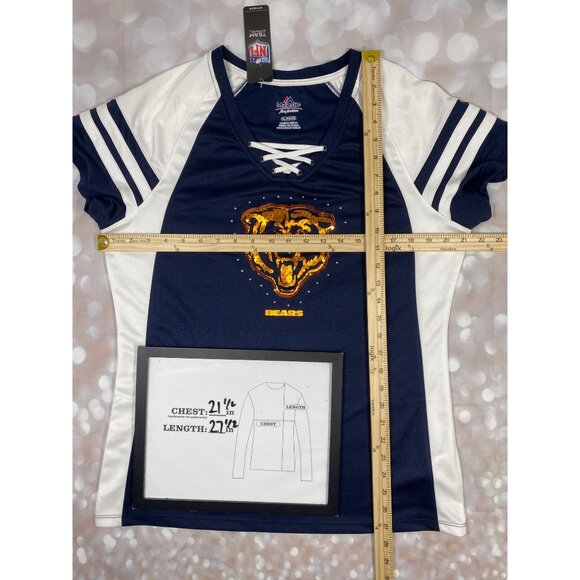 Chicago Bears Womens Size XL Majestic Draft Me Navy Blue Sequin T Shirt New - Picture 9 of 11